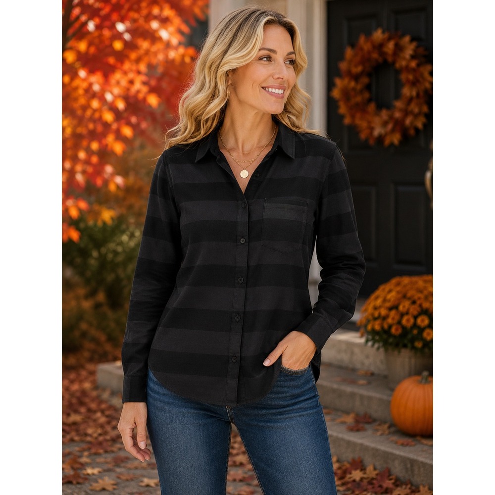 Rails Womens Black Charcoal Striped Herringbone Button Down Shirt Small Long Slv